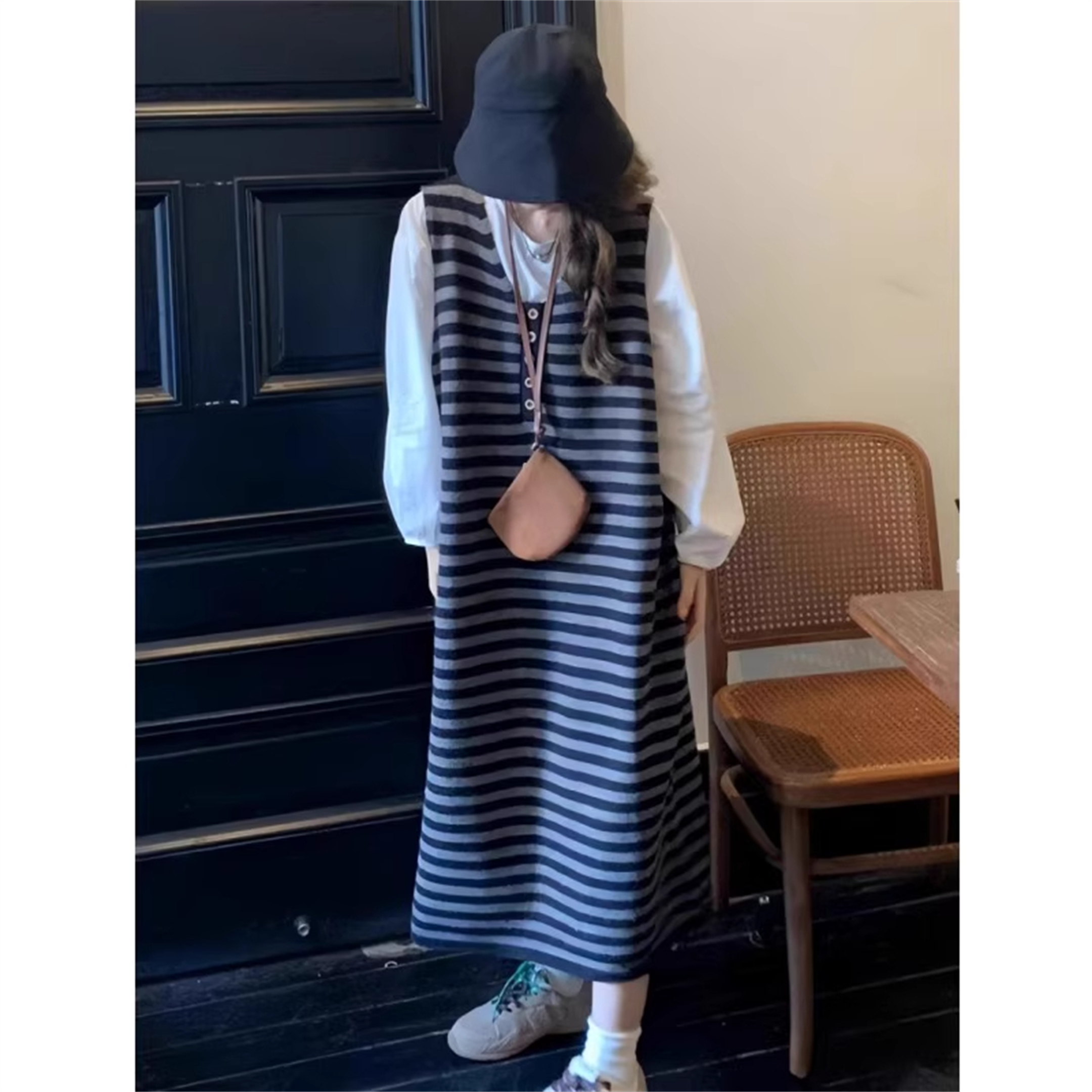 大码胖MM条纹叠穿针织背心连衣裙女秋季慵懒风宽松显瘦遮肚子长裙