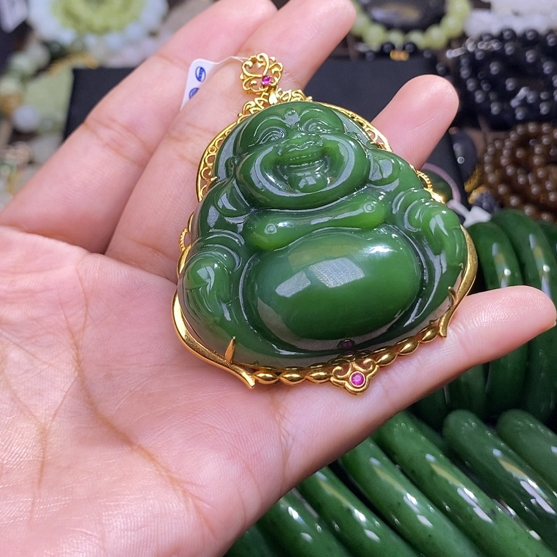 和田玉手镯未镶嵌碧玉满色满绿老料金镶佛公