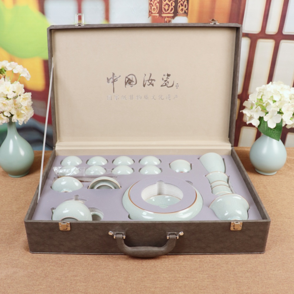 汝窑茶具八件套珍藏礼盒一盖碗一壶四杯一承原矿釉手工茶礼佳品