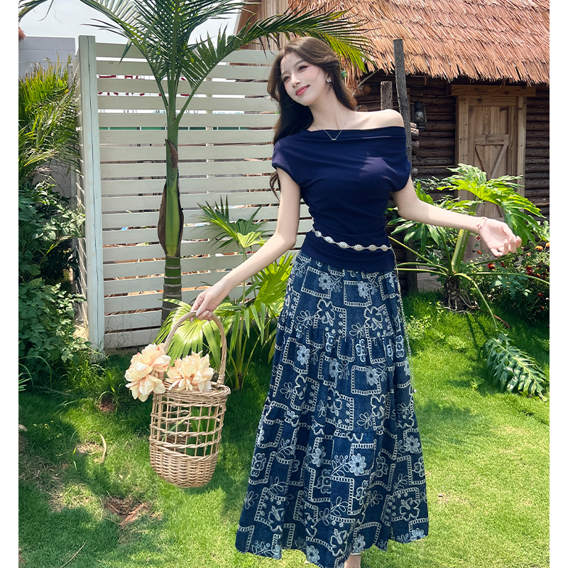 爱西里浪漫南法度假风斜肩一字领洋气上衣印花半身裙长裙套装夏装
