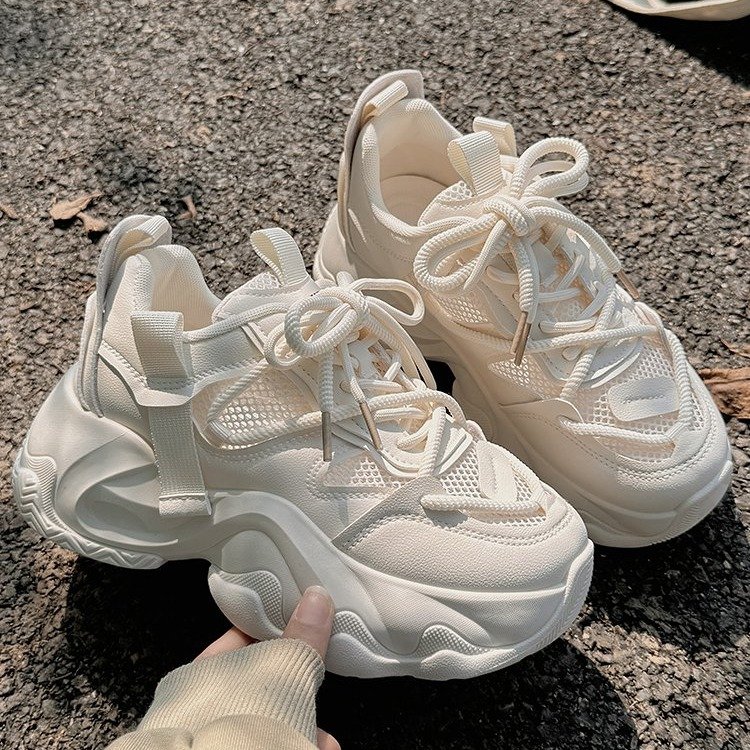 女士白色网面透气舒适百搭松糕底厚底增高休闲老爹运动鞋