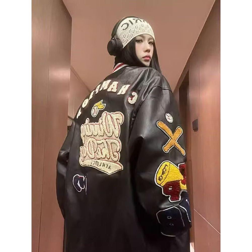大码胖MM春秋款短外套常规款休闲字母国潮短款刺绣皮衣秋冬炸街