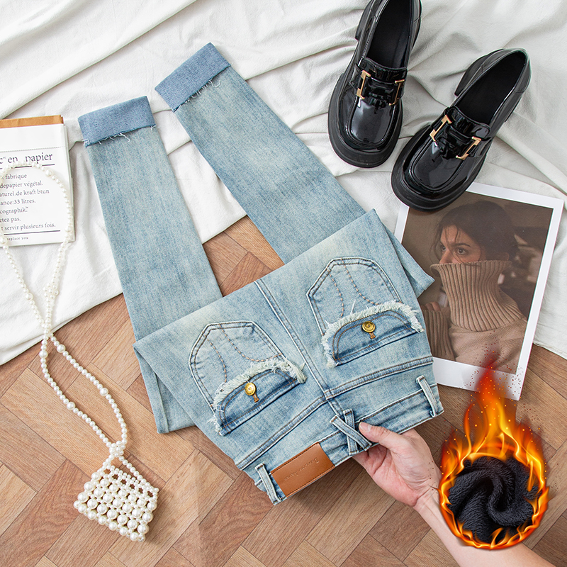 [霞姐专属]冰蓝色加绒高腰小脚牛仔裤秋冬新款时尚百搭显瘦铅笔裤