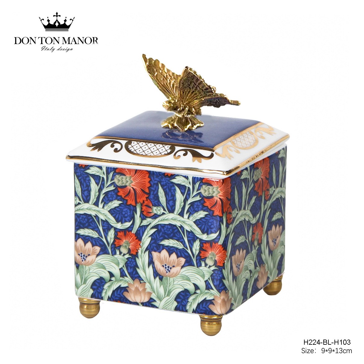 意大利DONTONMANOR金蓝色花海储物罐复古铜配瓷首饰盒蝴蝶摆件