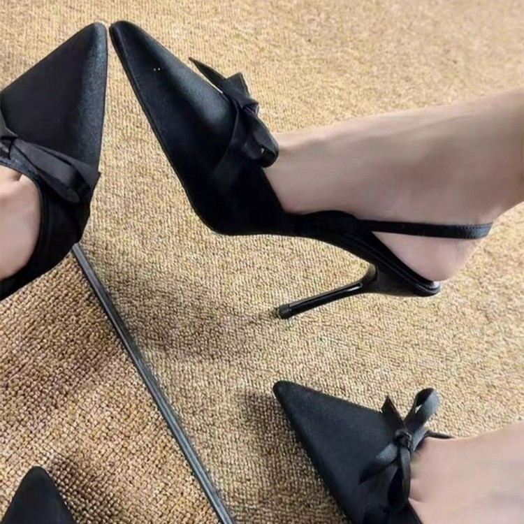 蝴蝶结高跟鞋女细跟2025年春夏新款包头绸缎后空气质凉鞋尖头单鞋