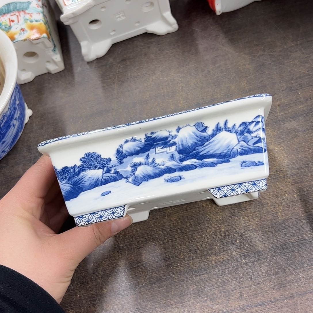 紫砂花盆648号微瑕15/12/5cm仿手绘青花长方