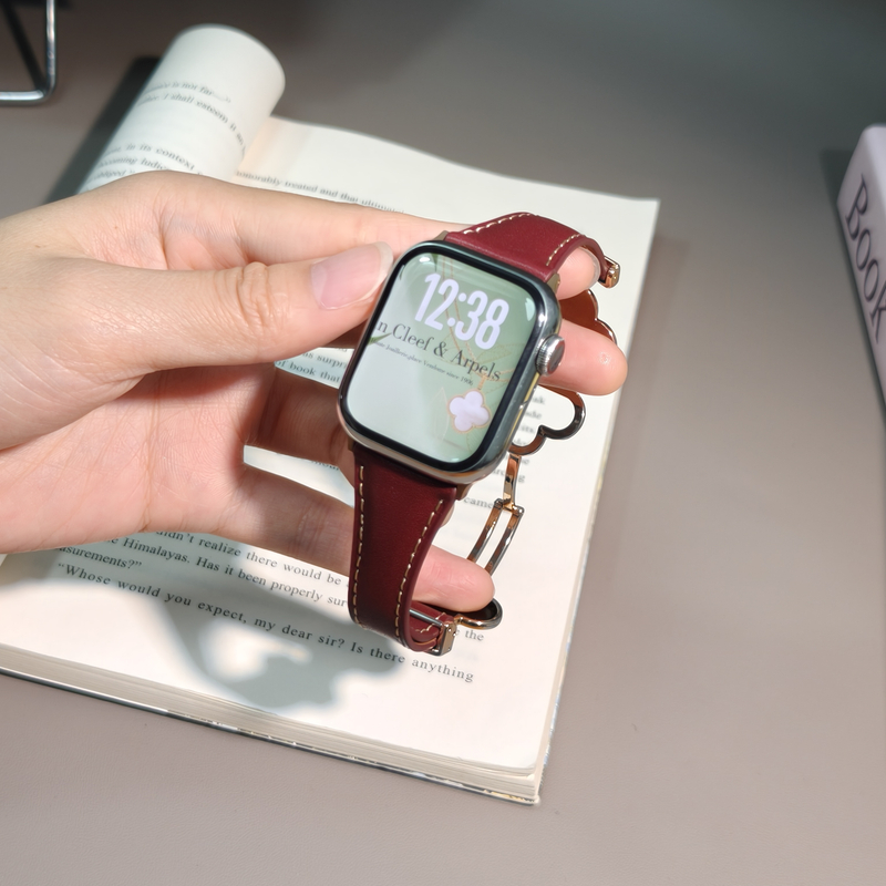 时亿适用applewatchS10皮质表带四叶草S9 金属S8苹果手表se女高级