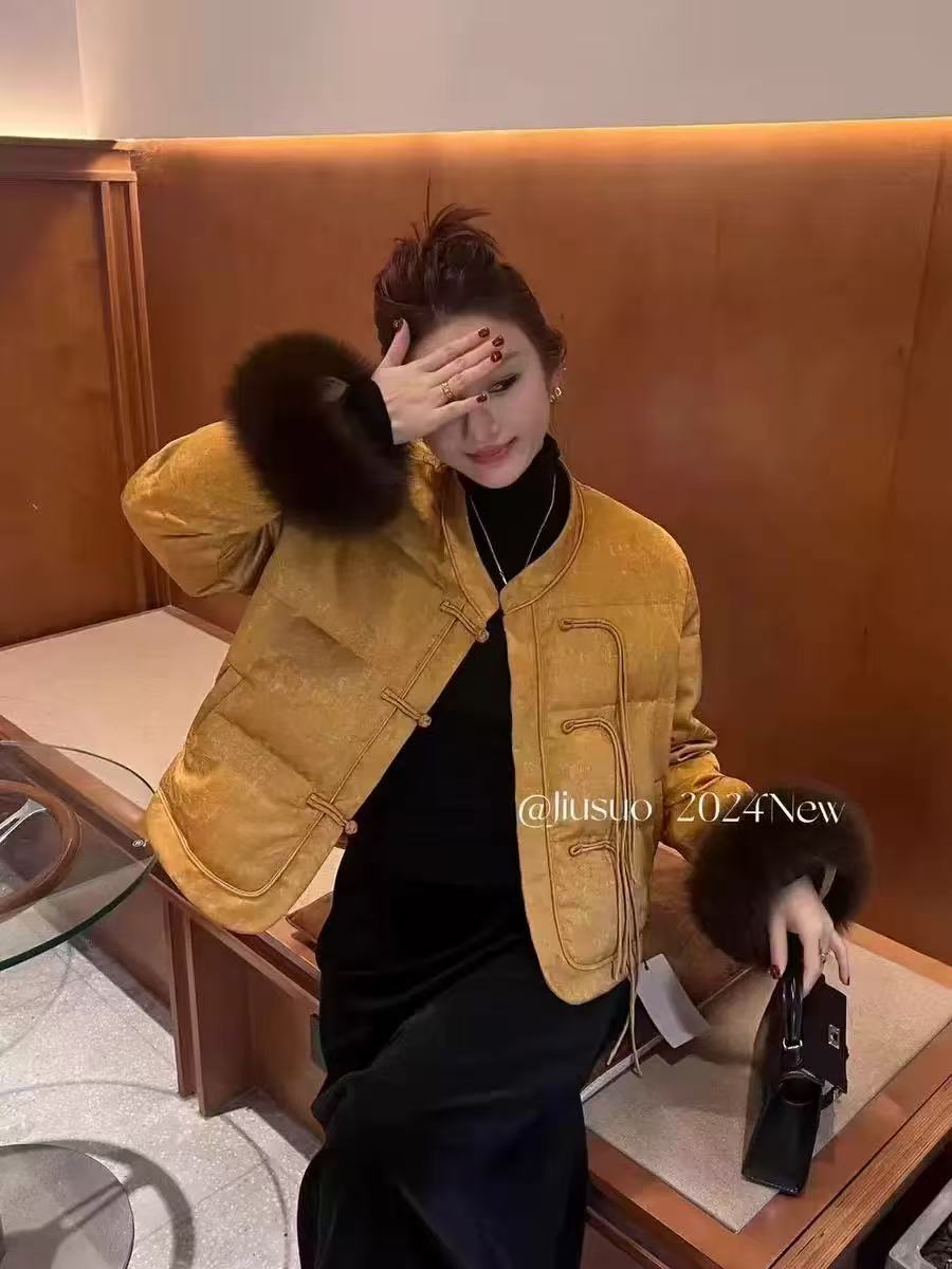 网红冬季国风短款圆领厚款长袖潮流常规款拼接韩版短款外套加厚