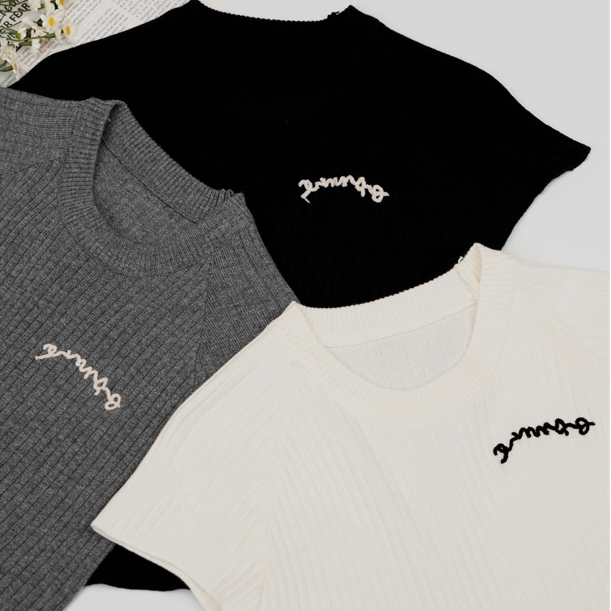 三色独特刺绣字母针织短袖T恤女2025春季新款设计感显瘦上衣5609