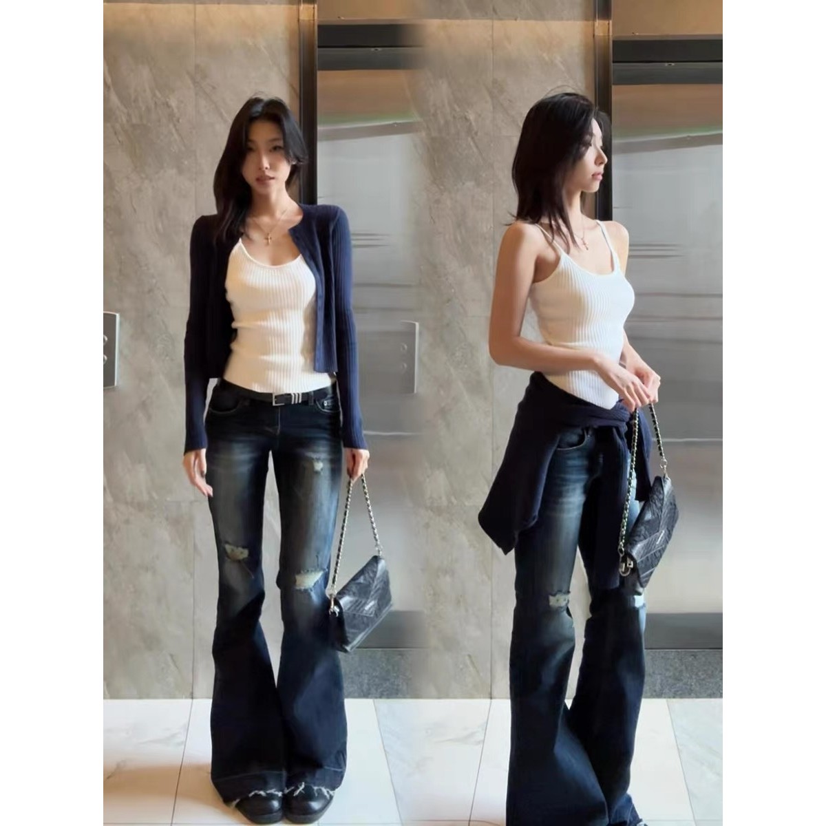 韩系藏青色纽扣开衫针织衫女春秋短款内搭叠穿吊带背心百搭两件套