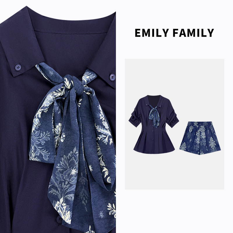 【编号26】墨蓝植纹 春夏慵懒感中长款宽松休闲衬衫套装YLG-1000296