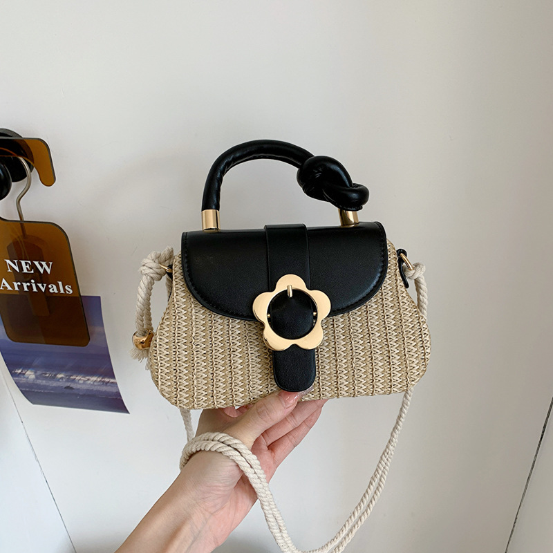 新款草编盒子包简约都市潮流女包夏季时尚单肩斜挎手提小包黑色棕