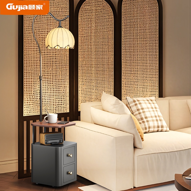 顾家中古风极简复古风创意置物架一体灯卧室抽屉储物功能的落地灯