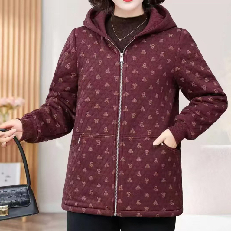 中老年妈妈冬季加绒加厚保暖连帽碎花棉服外套奶奶装宽松上衣