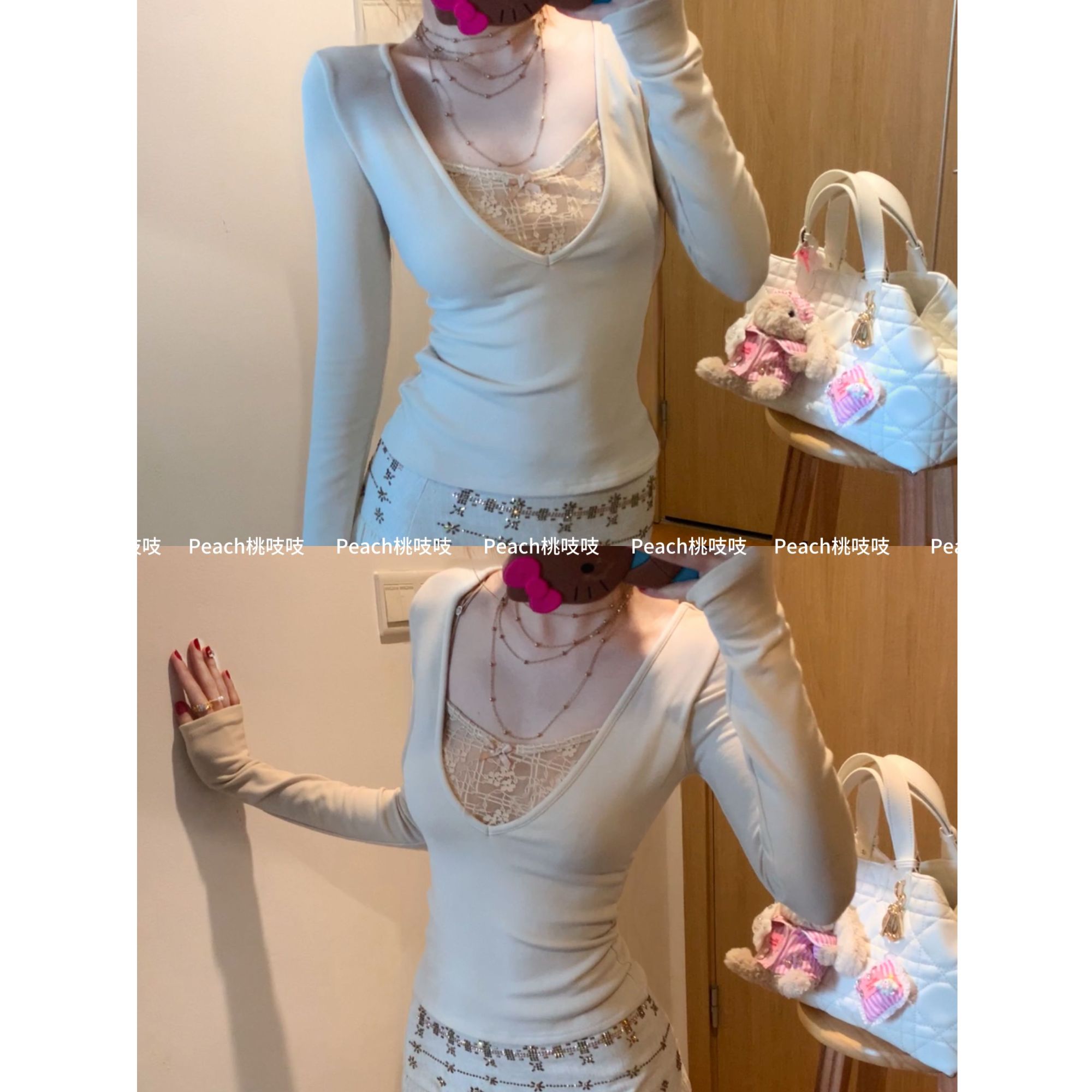 【魅力磁场】拼接蕾丝假两件长袖T恤女春季修身显瘦内搭打底衫上衣