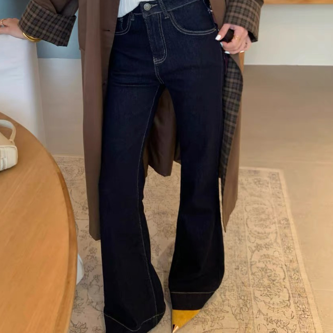 韩国拆包笑脸兜兜四面弹高腰显瘦线条感喇叭牛仔裤