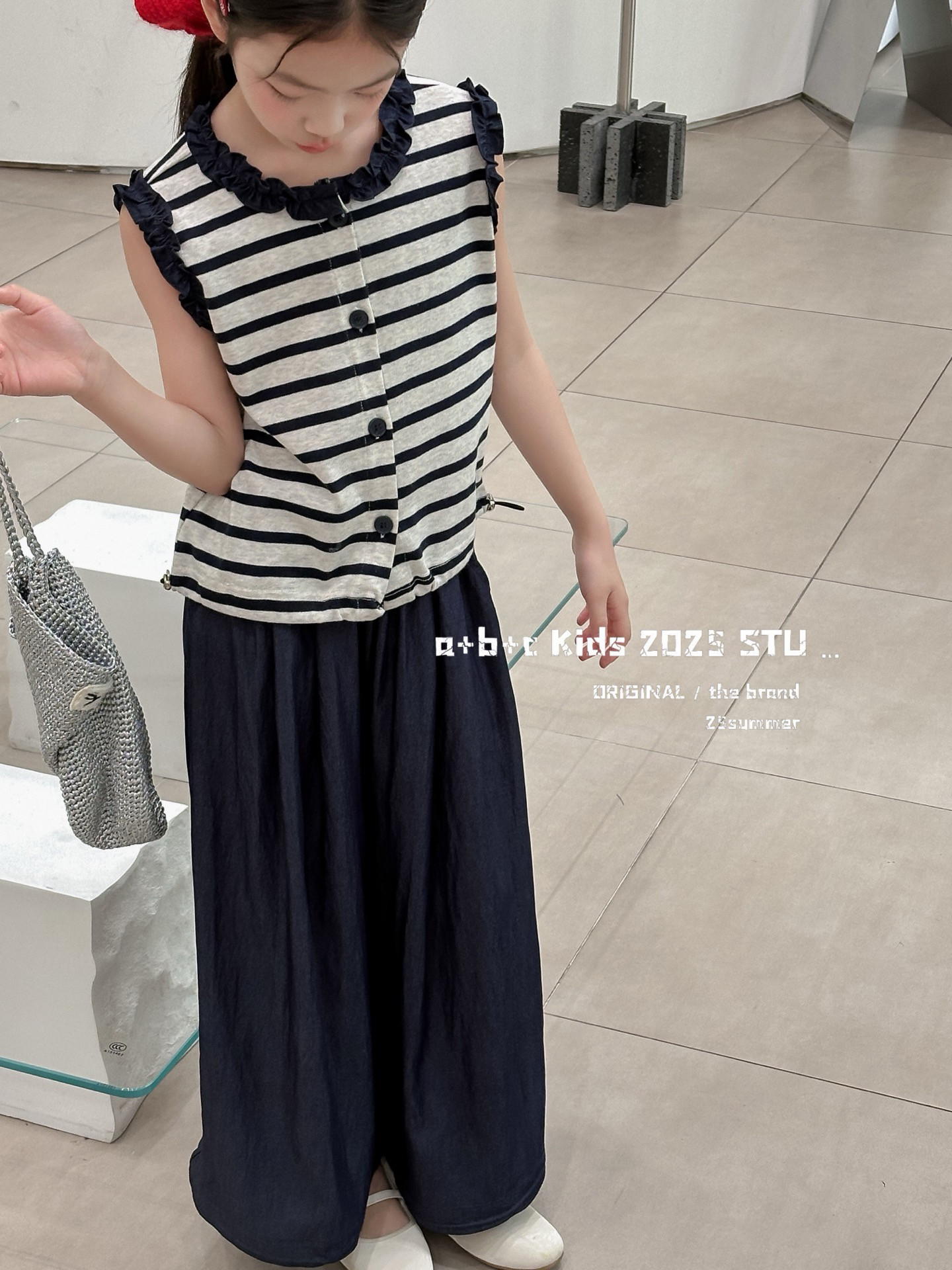 女童夏季条纹无袖背心阔腿裤套装韩版洋气中大童