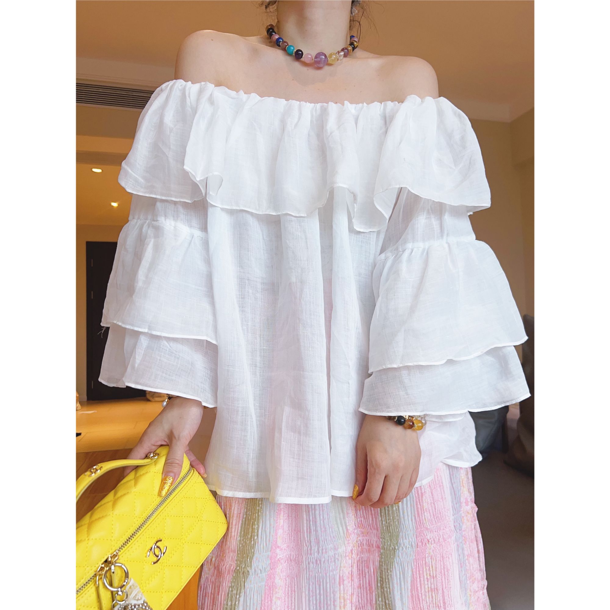 轻薄透气麻料防晒衫女夏季2025新款宽松遮肉一字领荷叶边白色衬衫