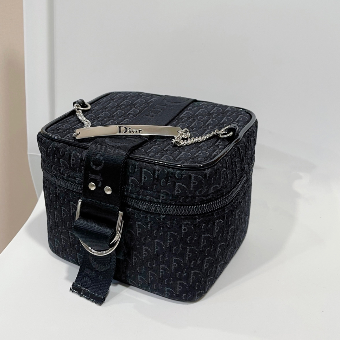 95新 DIOR/迪奥 XM/牛仔丹宁黑色满印老花化妆盒子包/HD03128938