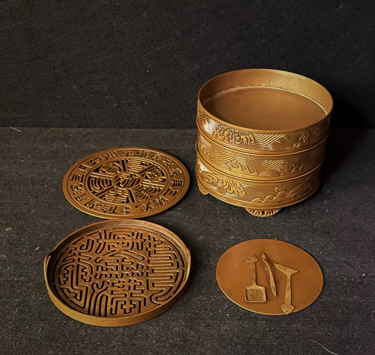 苏工紫铜炉庆松堂胡庆松制花好月圆人长寿印香炉15*15*12