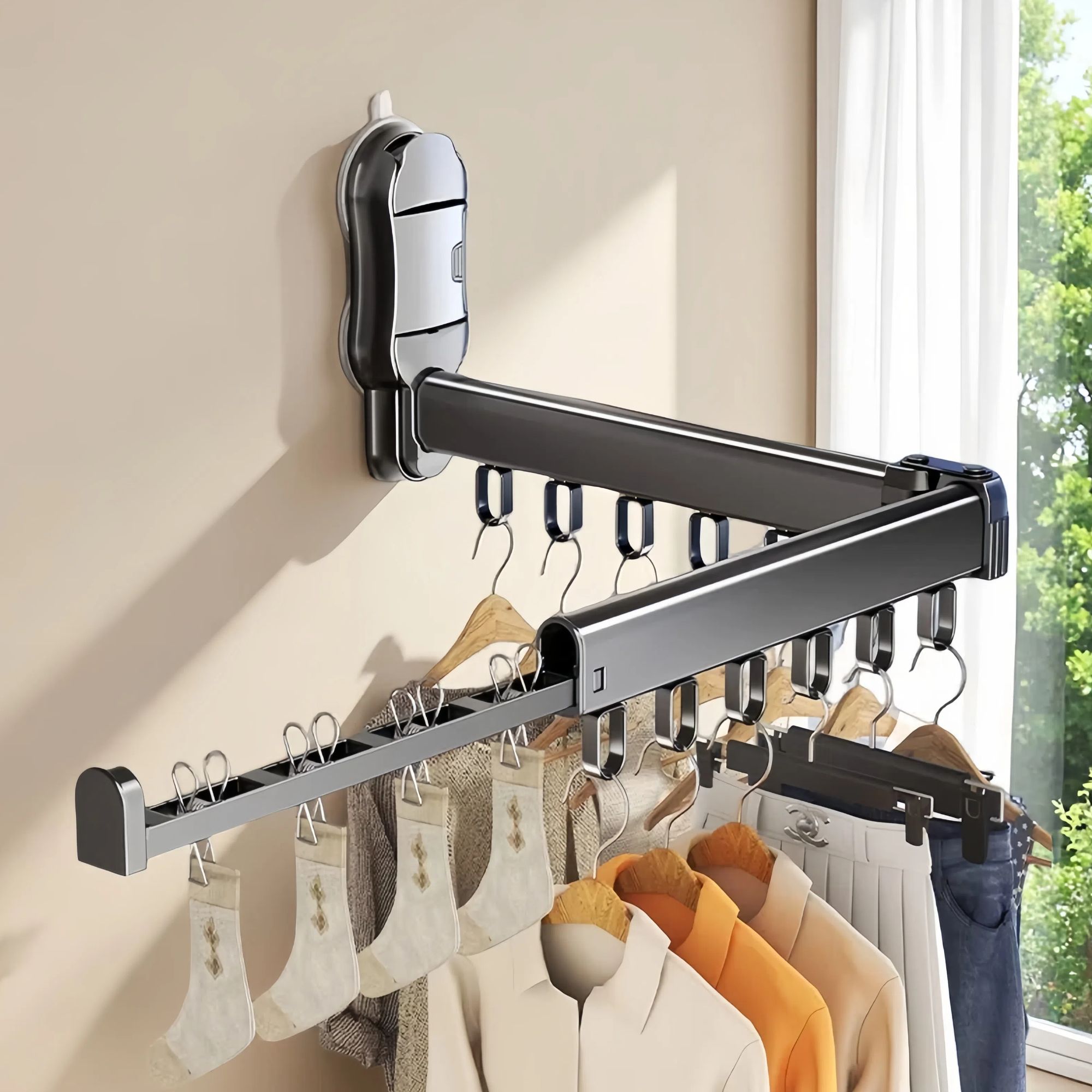 【晾晒神器】吸盘可折叠晾衣架免打孔壁挂式室内家用隐形伸缩衣架子