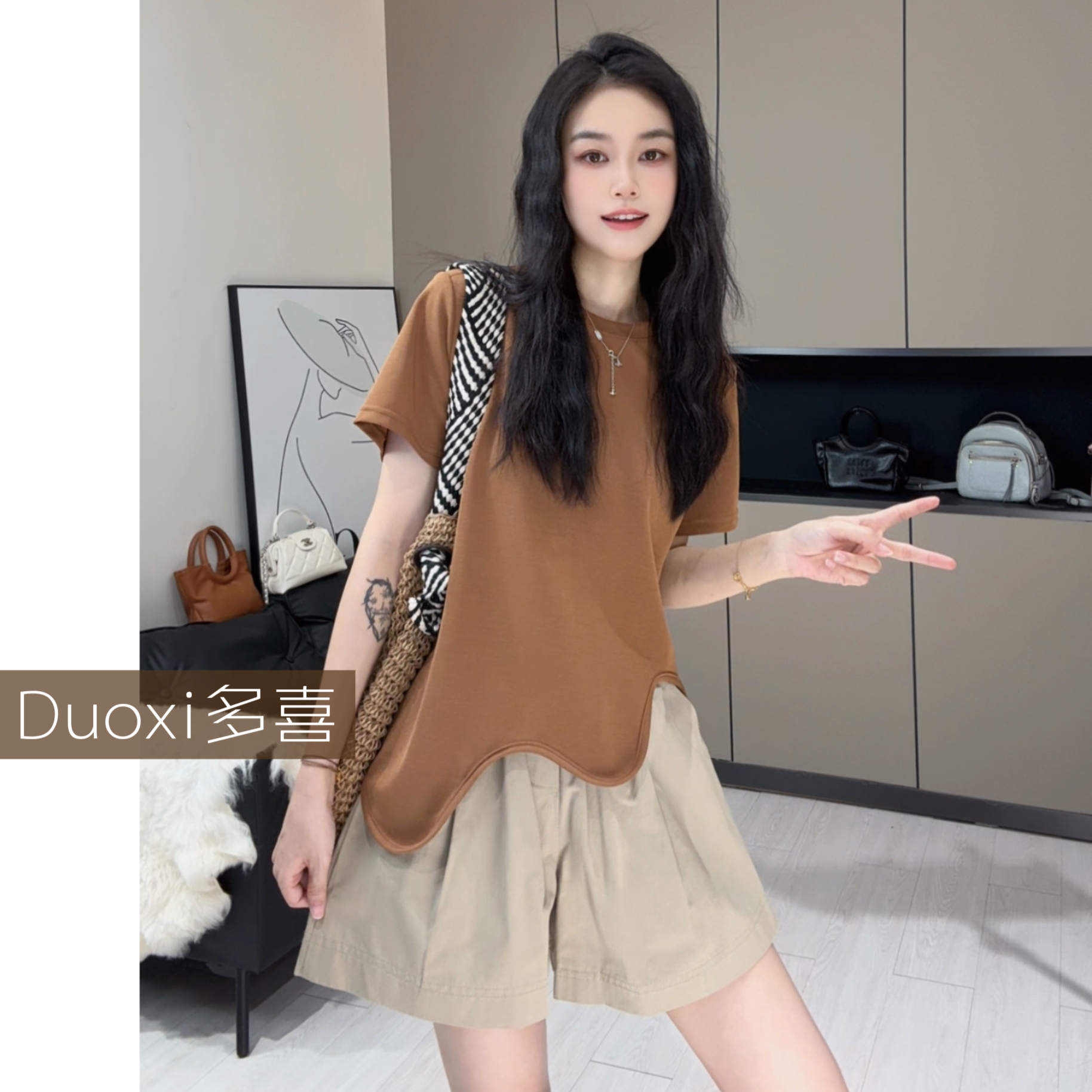 【Duoxi】“波浪纹”A007# 春夏新款洋气时尚休闲百搭设计款T恤上衣XH