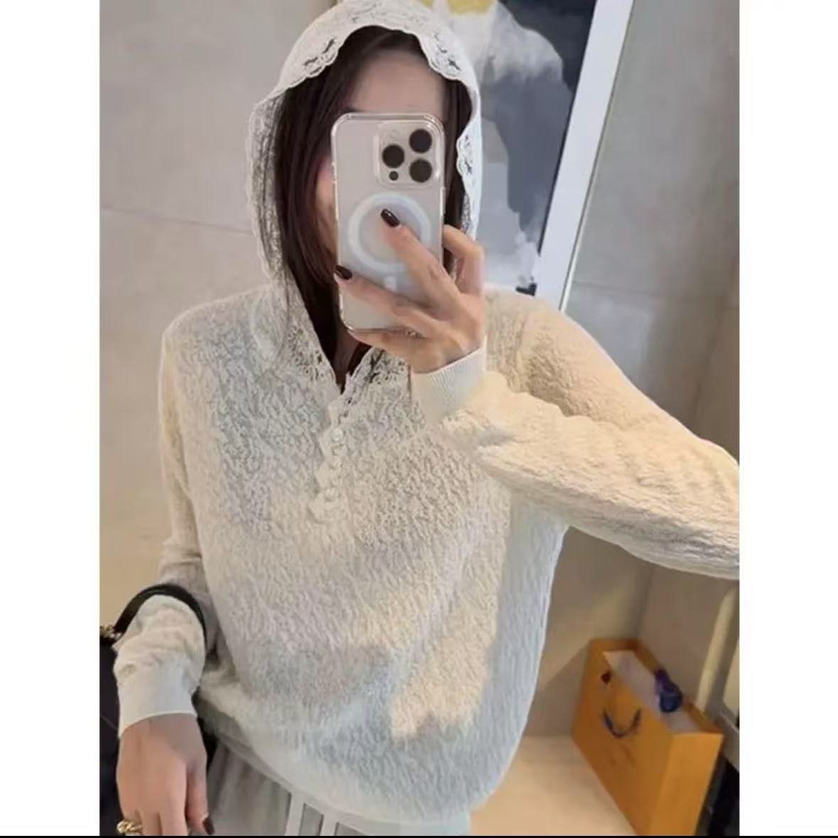 法式连帽蕾丝花边钩花上衣秋季内搭高级感宽松打底衫