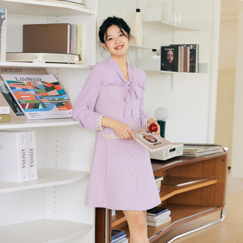 【小铃铛】秋水伊人优雅系带领设计感拼接连衣裙年秋新款女