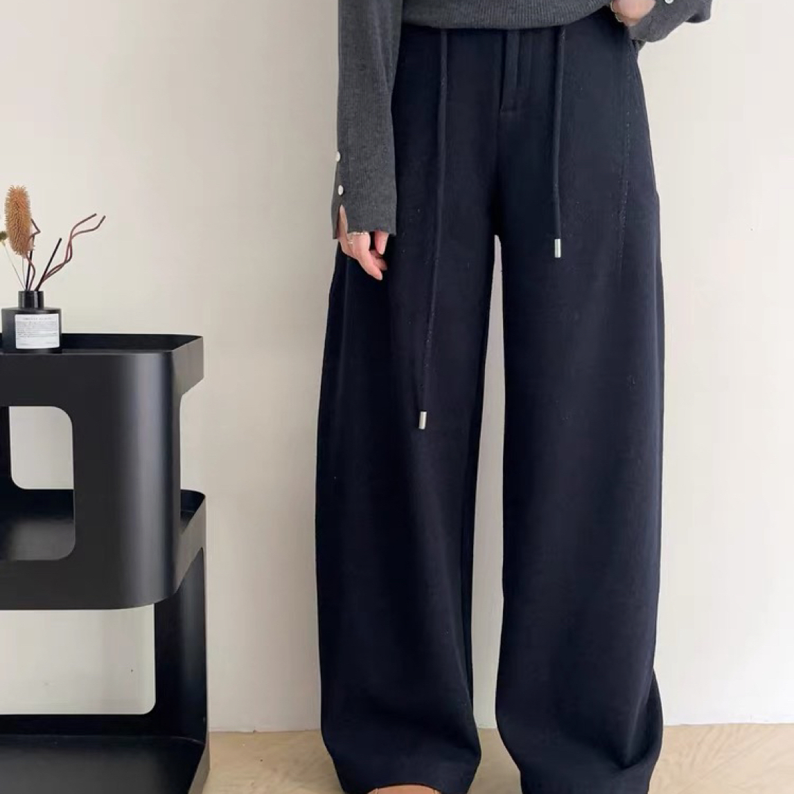 秋冬款时尚百搭宽松直筒弯小刀长裤醋酸羊毛裤西裤直筒裤