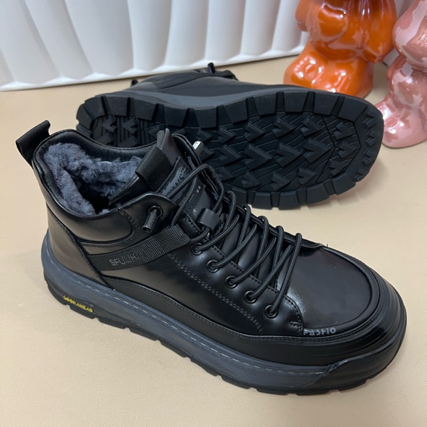 男士底厚4厘米【66609-83赠羊毛垫】系带马丁靴真皮羊毛休闲鞋厚底