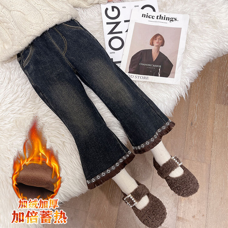 爆款女童一体绒牛仔裤宝宝裤子秋冬款新款洋气儿童冬装加绒喇叭裤