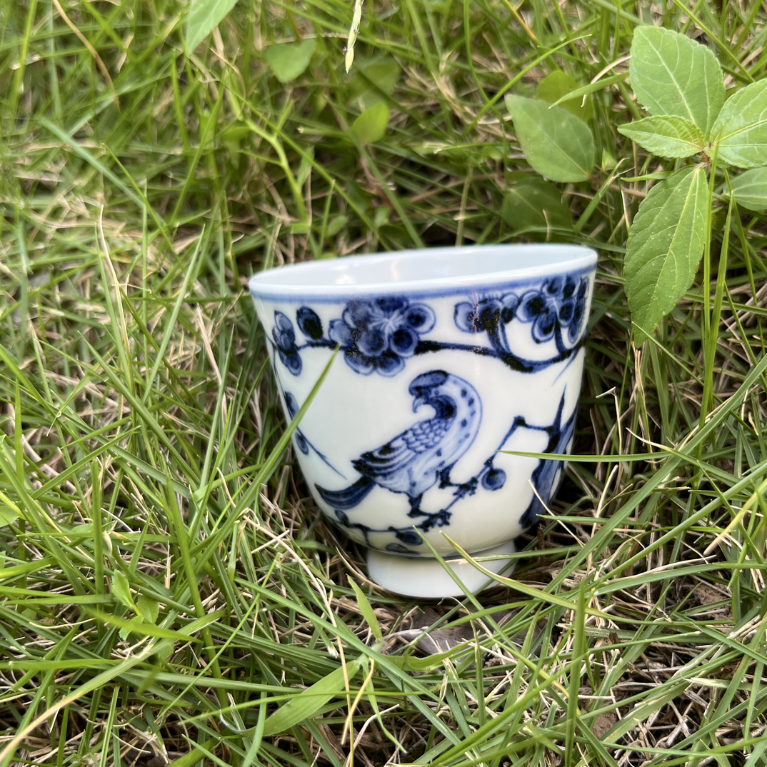 景德镇幽蓝溪堂仿元青花喜上登梅花神杯主人杯茶杯