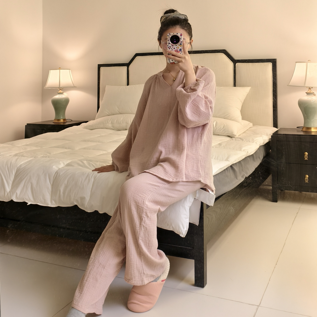 女士双层纱睡衣薄 V领套头简约优雅宽松全棉可外穿家居服套装