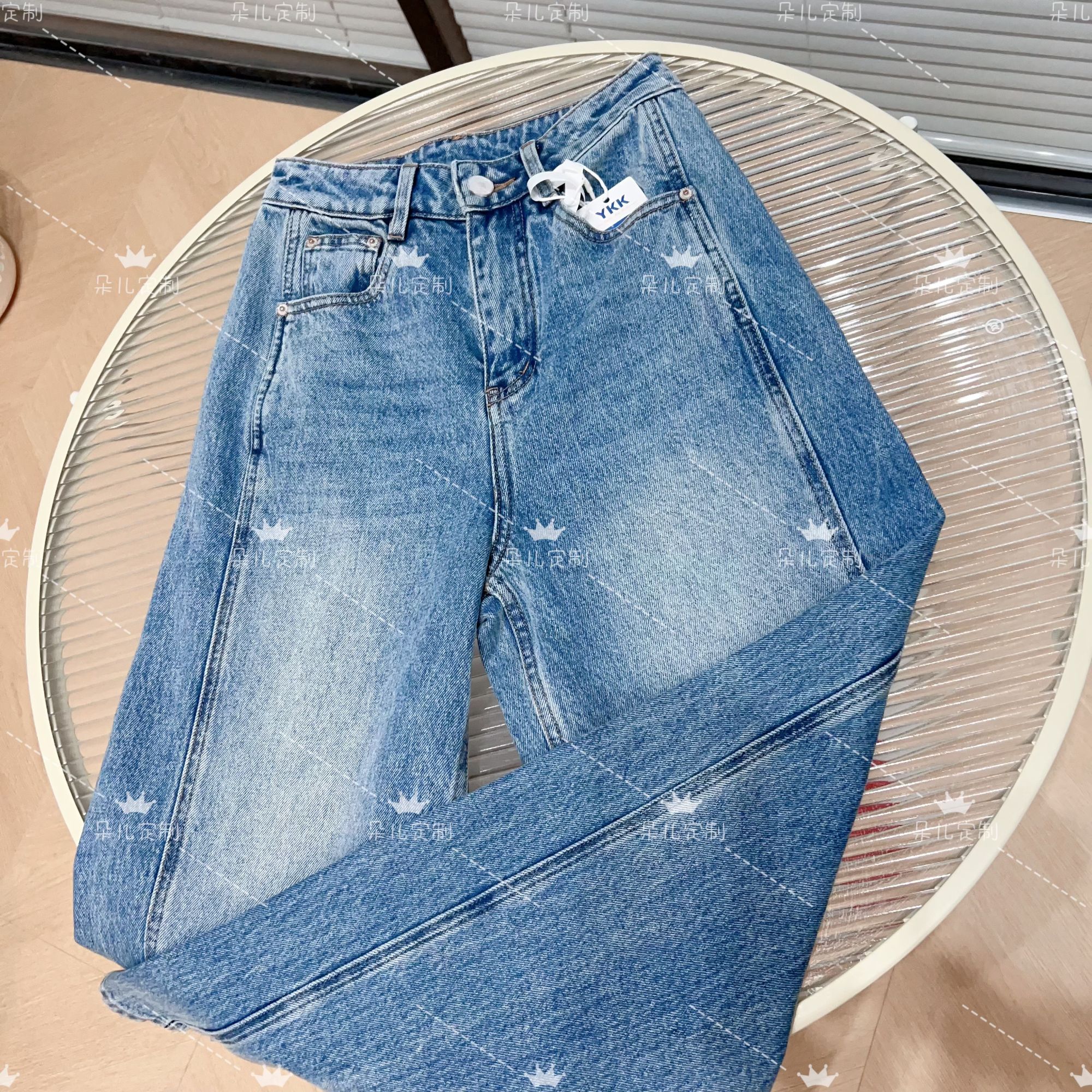 朵儿定制【树皮皱】拼接高腰显瘦阔腿弯刀牛仔裤IM99