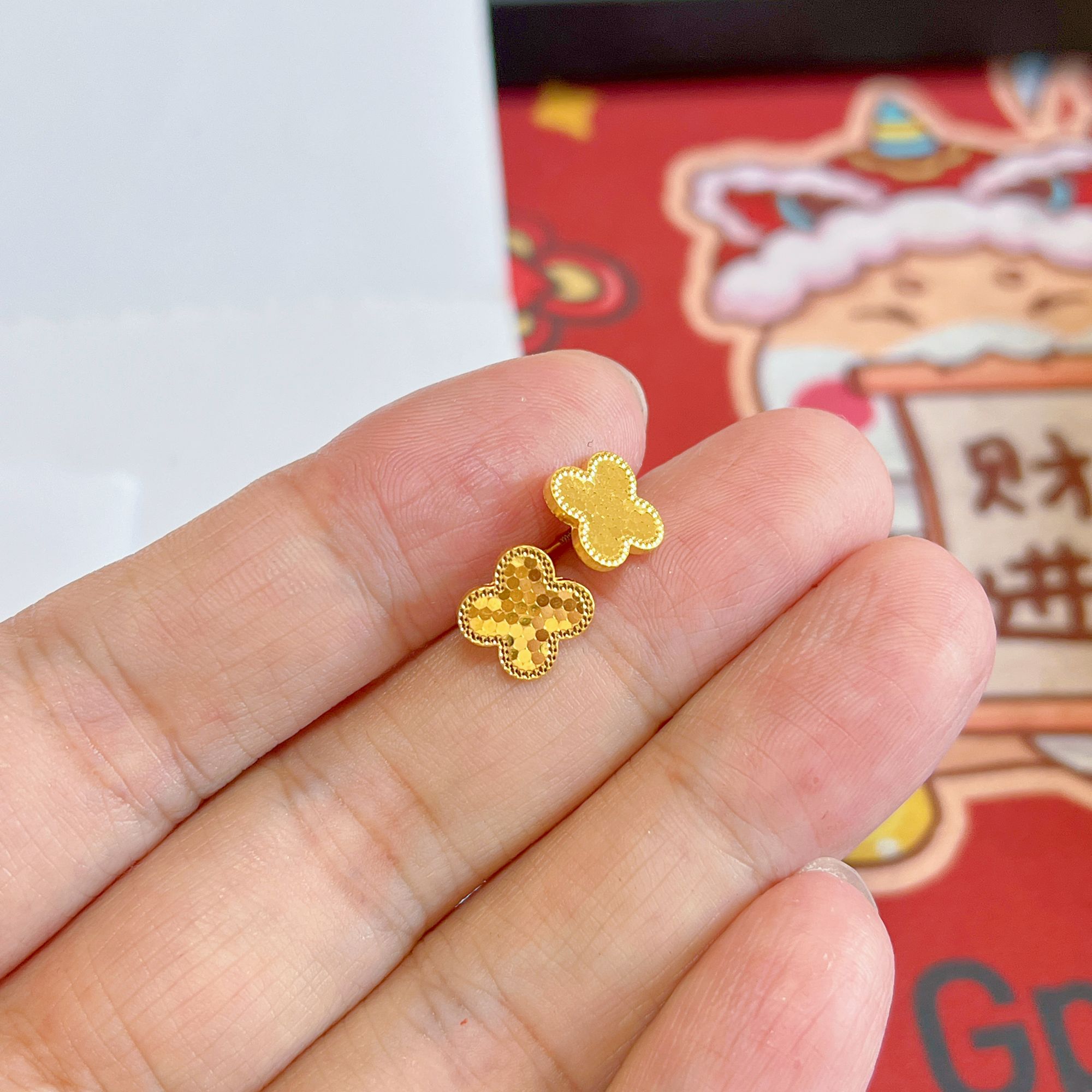 足金999龙鳞四叶草耳钉仙女时尚闪亮