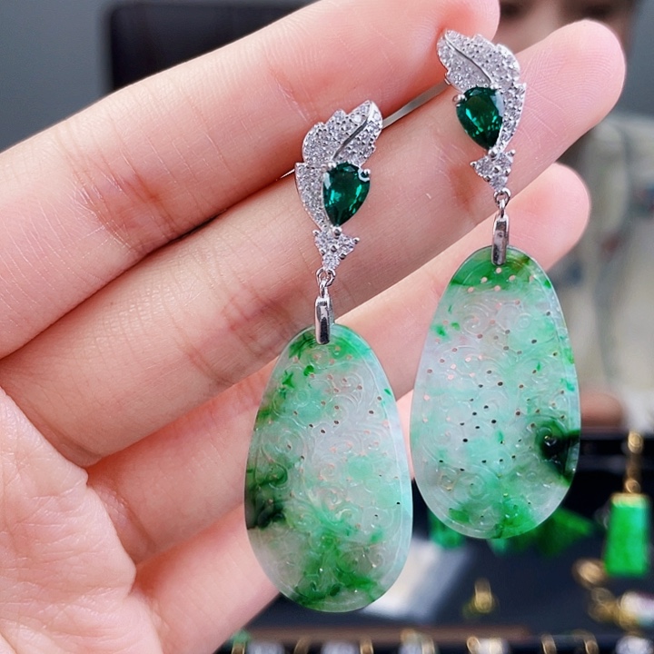 翡翠耳饰银S925镶嵌饰品