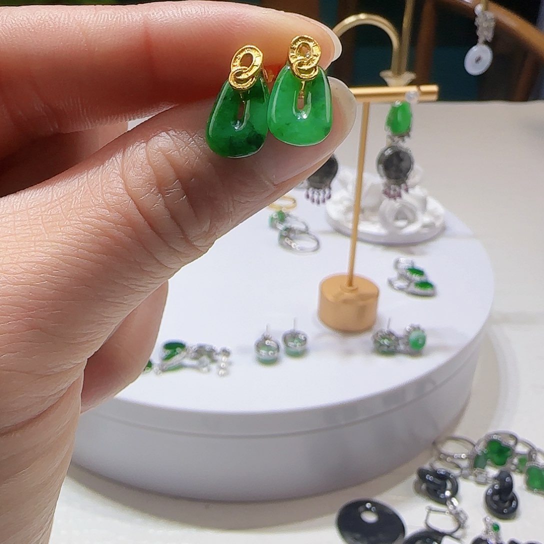 翡翠耳饰银S925镶嵌天然缅甸a货翡翠