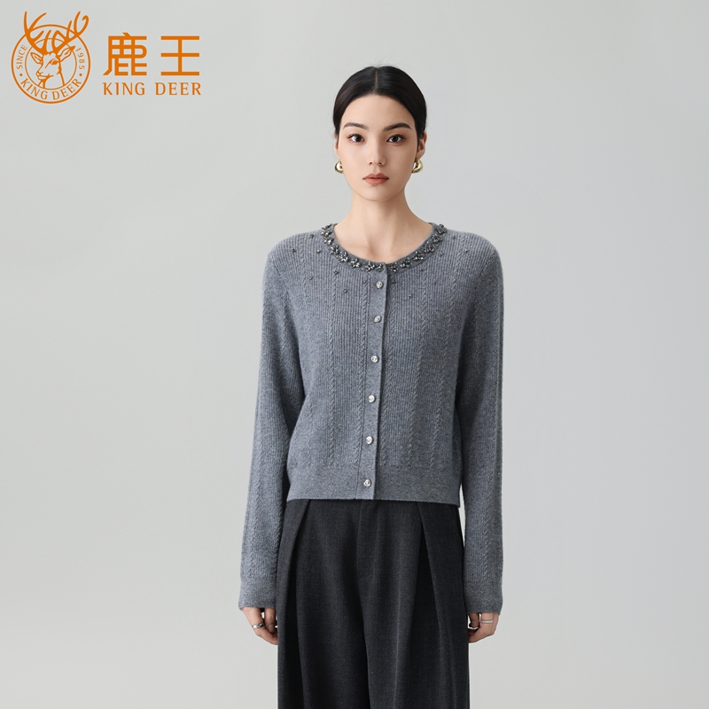 【设计师款】鹿王秋冬女圆领100山羊绒重工镶钻休闲开衫厚 XM1511