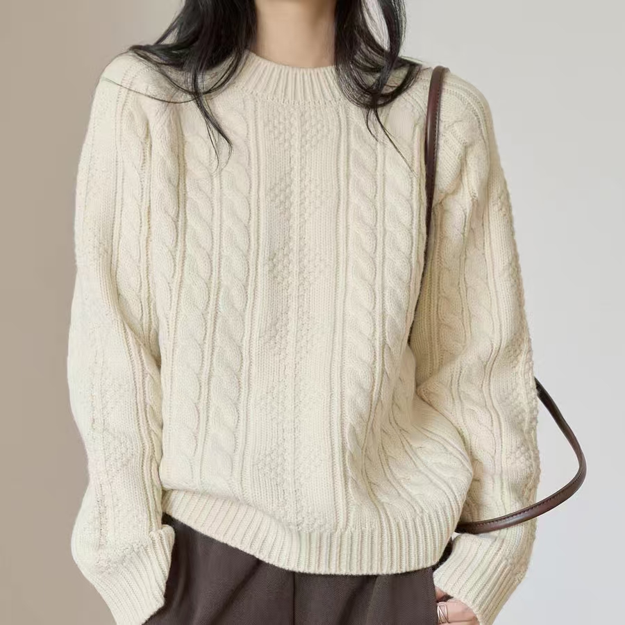 晴晴家661-670 米色复古麻花毛衣女秋冬厚实慵懒内搭套头短款上衣