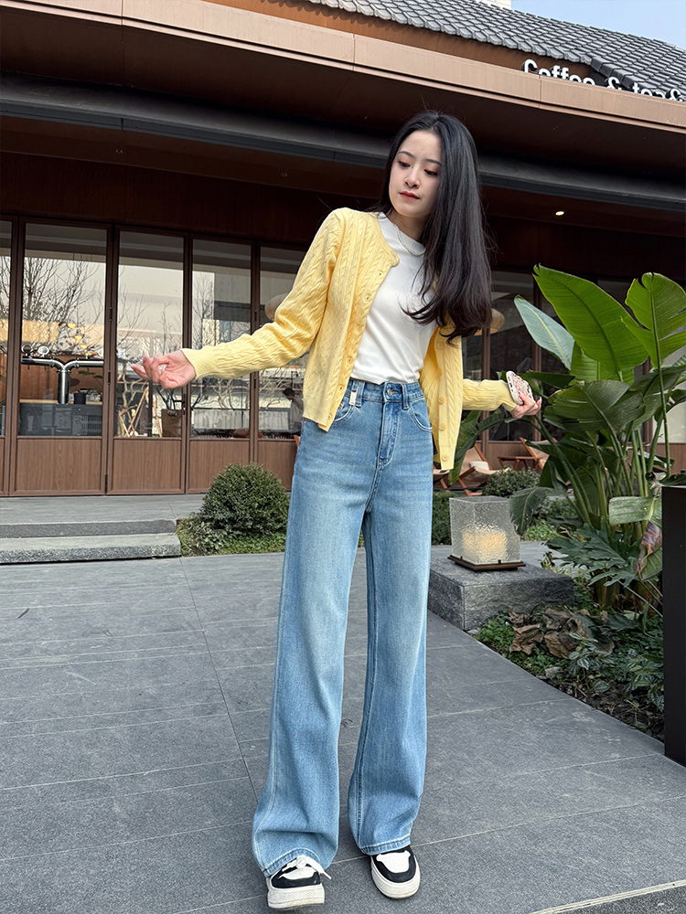 默认瑕疵加绒牛仔裤女显瘦休闲时尚百搭宽松复古春秋阔腿冬季