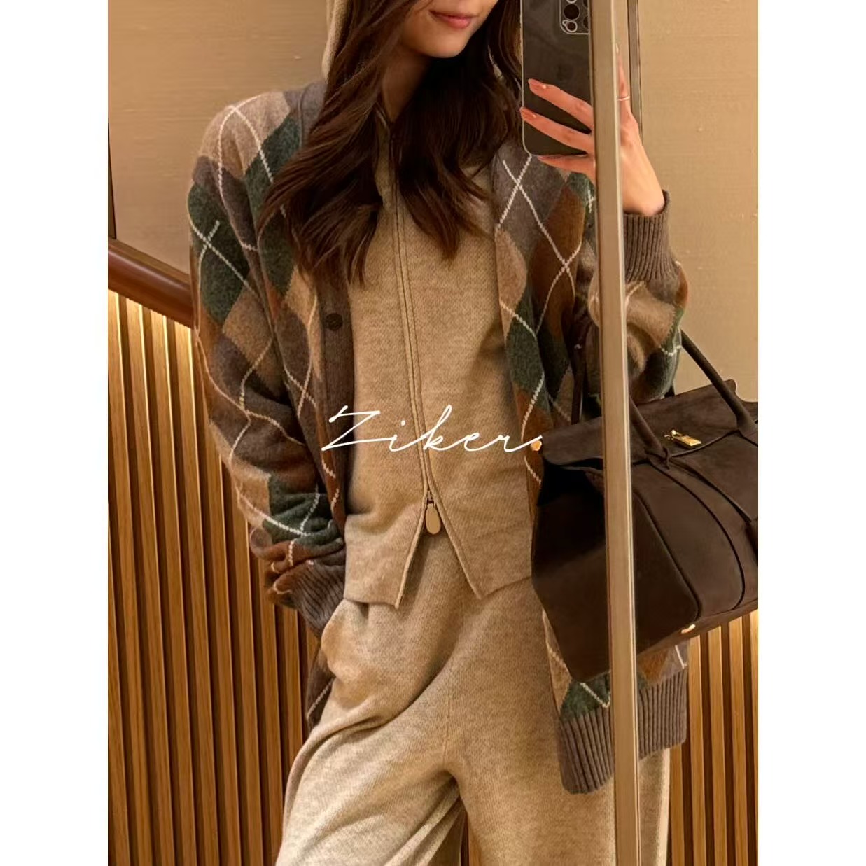  ZIKER｜LP菱格针织羊毛开衫25女装秋冬新款