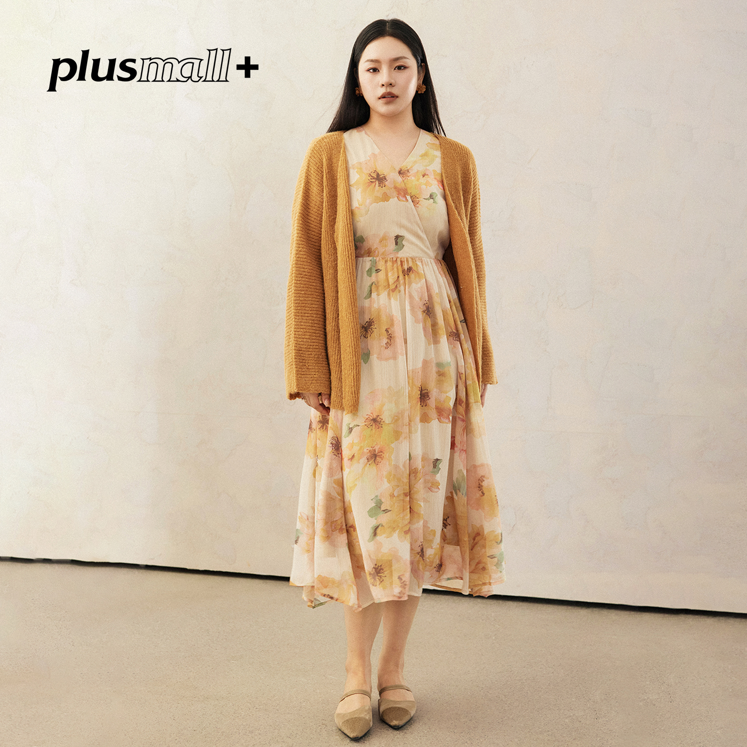 【折扣款】PLUSMALL 橙花橘染 氛围感印花V领连衣裙长裙PM2509025