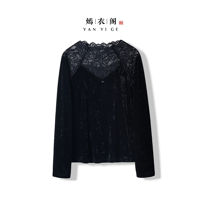 【舒菡】2025新款打底上衣小衫女新中式蕾丝提花拼色丝绒长袖T恤衫