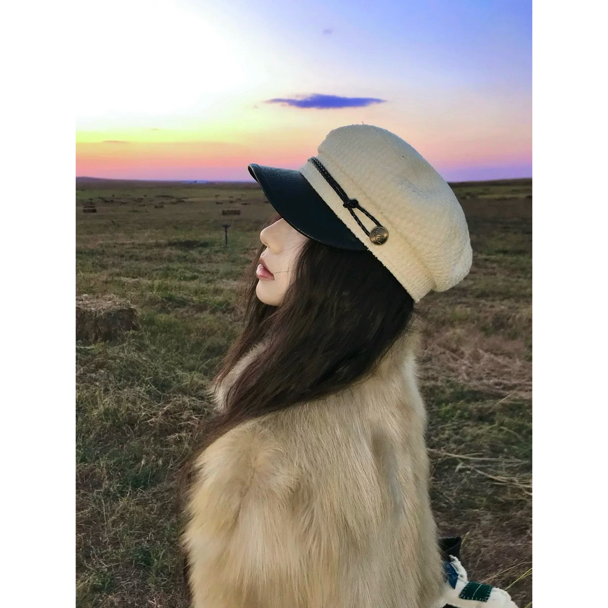 DAMIN/韩系复古拼皮贝雷帽女秋冬气质报童帽显脸小画家帽