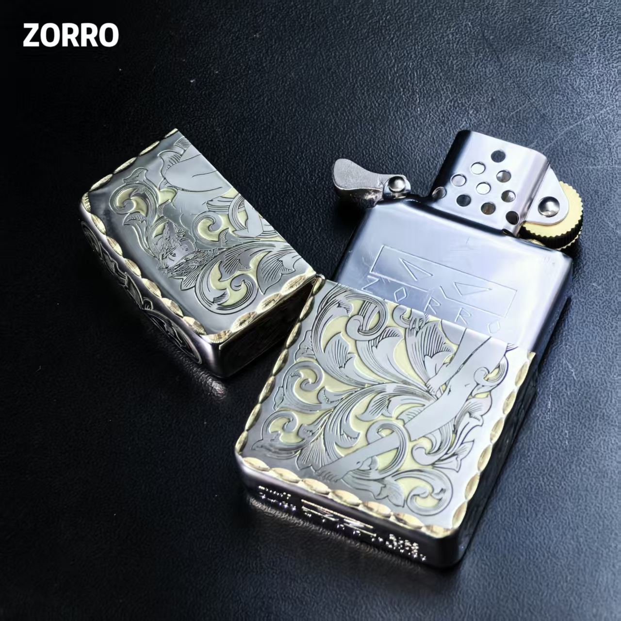 ZORRO佐罗910S盔甲镍银打边双色唐草仙子煤油打火机
