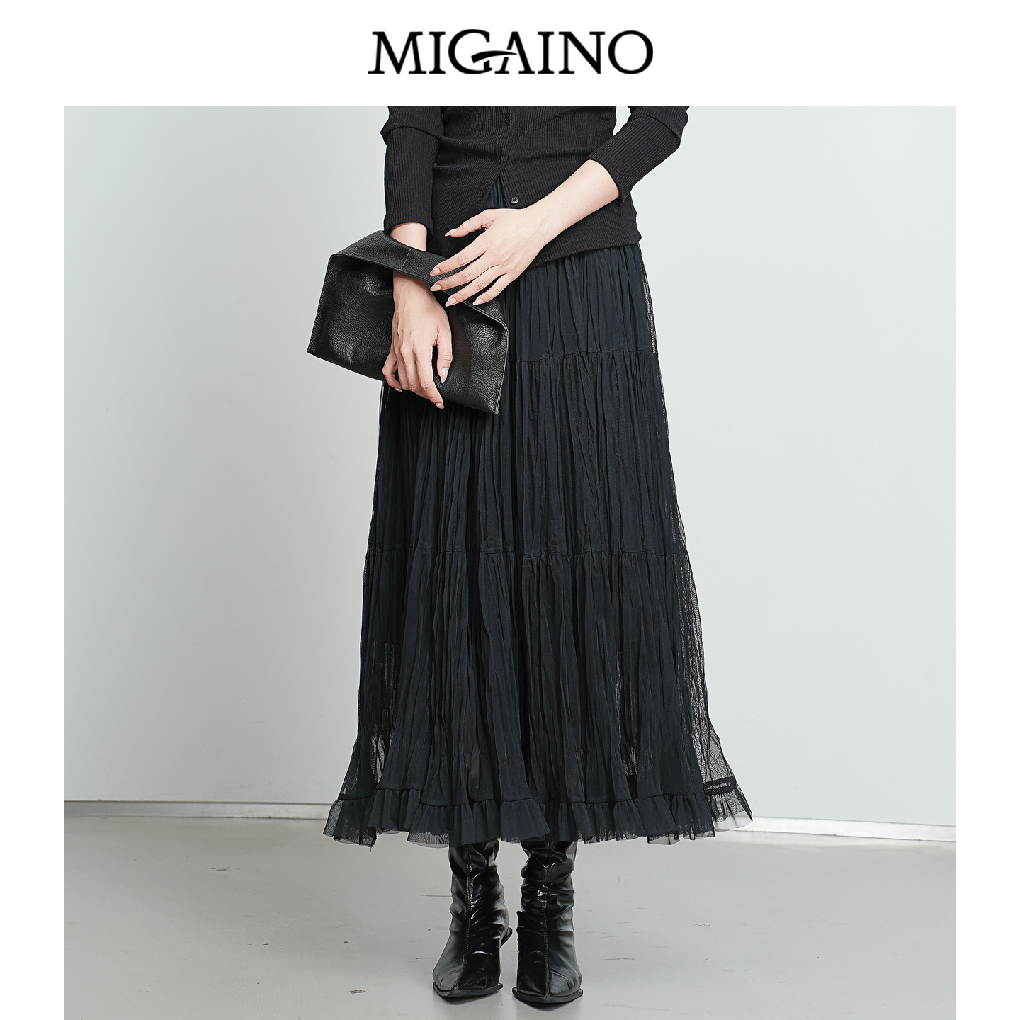 Migaino/曼娅奴女装秋季新款高腰宽松时尚减龄中长款百褶半裙
