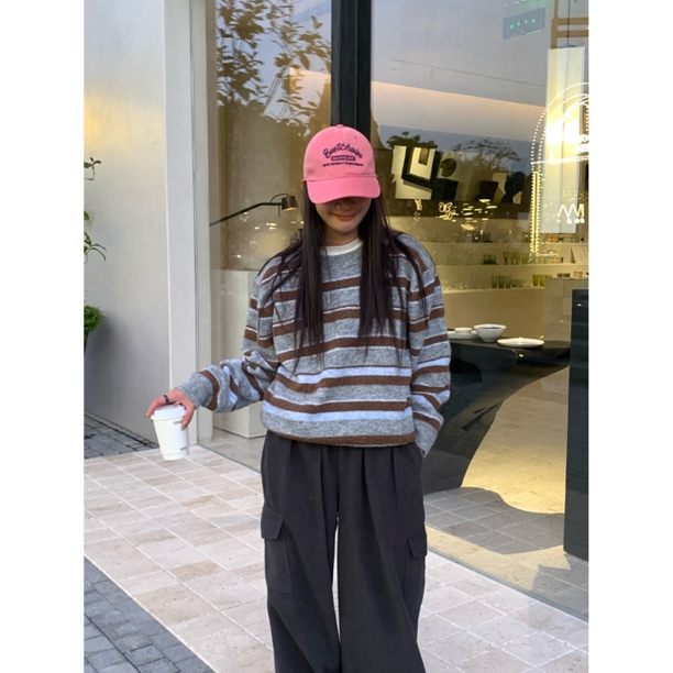ONNI条纹针织衫灰咖韩系慵懒风长袖毛衣女冬宽松圆领百搭上衣#361