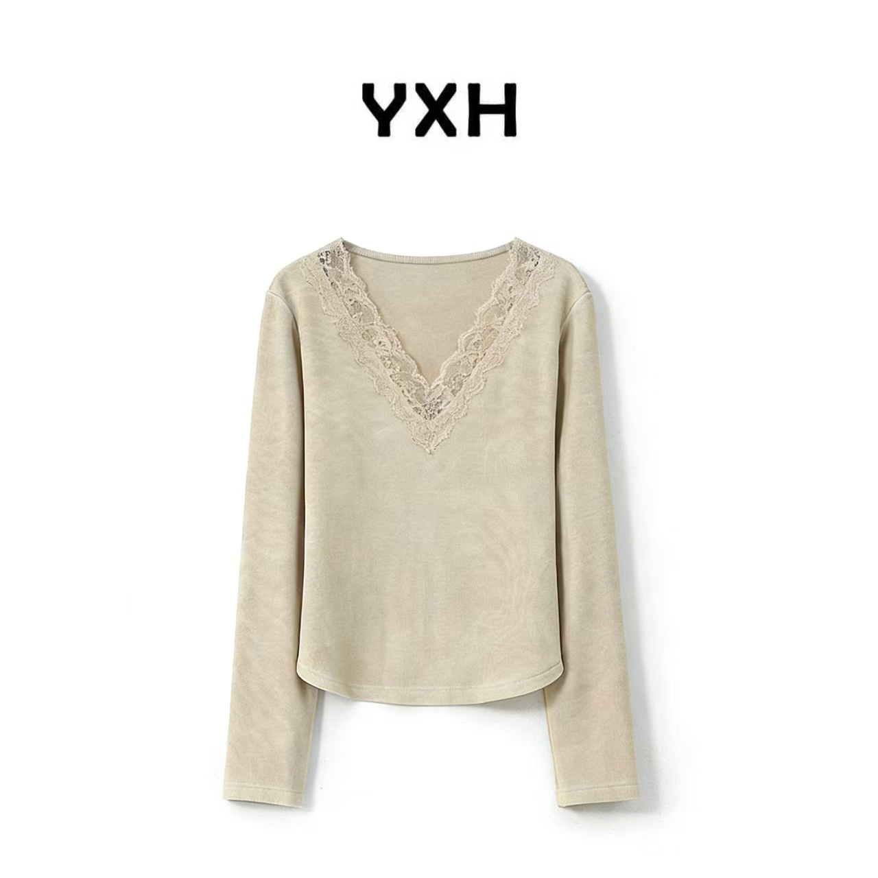 JZ【蕾丝天鹅颈】糯叽叽保暖坑条浮雕蕾丝显瘦时尚休闲上衣JZ77455