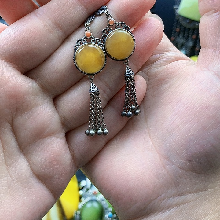 琥珀裸石银S925镶嵌耳坠