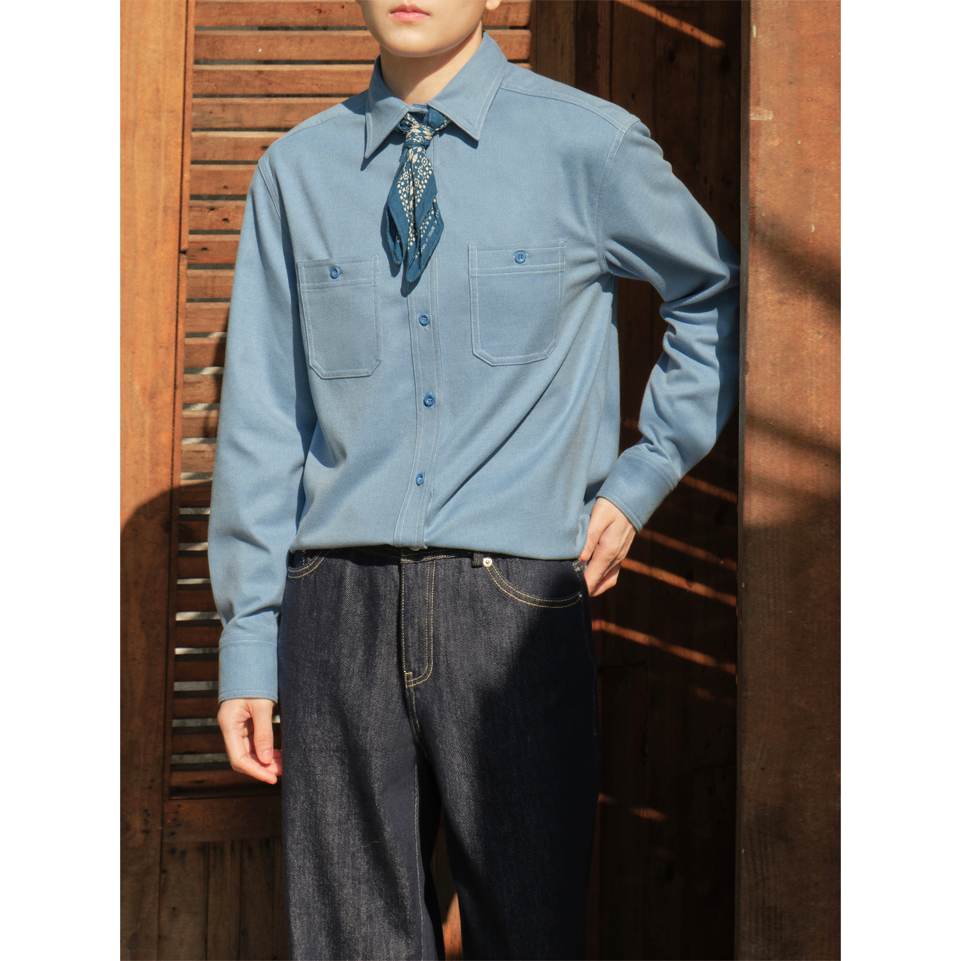 Knighttom【加厚双面磨毛 仿羊绒触感】天空蓝工装衬衣Z254S320A